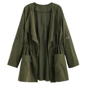 Khaki Green Envelope Front Drawstring Waist Pockets Lightweight Hooded Jacket